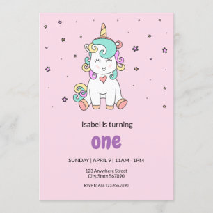 Cute Colourful Unicorn   Pastel Pink Birthday Invitation