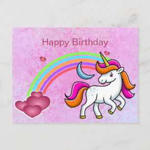 Cute, Colourful Unicorn, Rainbow, Hearts, Birthday Postcard