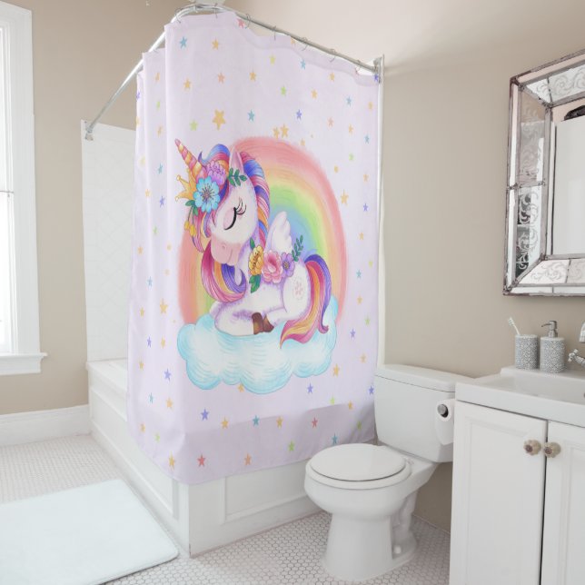Cute Colourful Unicorn Rainbow  Shower Curtain (In Situ)