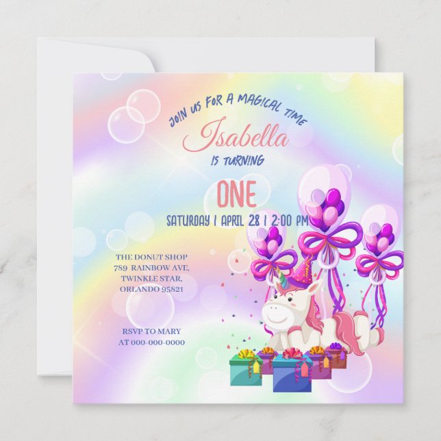 Cute colourful Unicorns Rainbow Birthday party Invitation (Front)