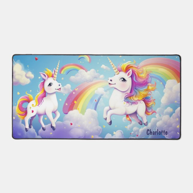 Cute Colourful Unicorns Rainbows Girly Personalise Desk Mat (Front)