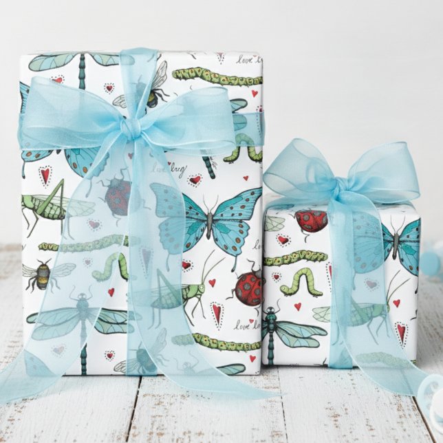 Cute Colourful Vintage Love Bug Insects Wrapping Paper (Cute Love Bug Gift Wrap. Gender Neutral Baby Shower Wrapping Paper for Kids. Bug Beetle Pattern)