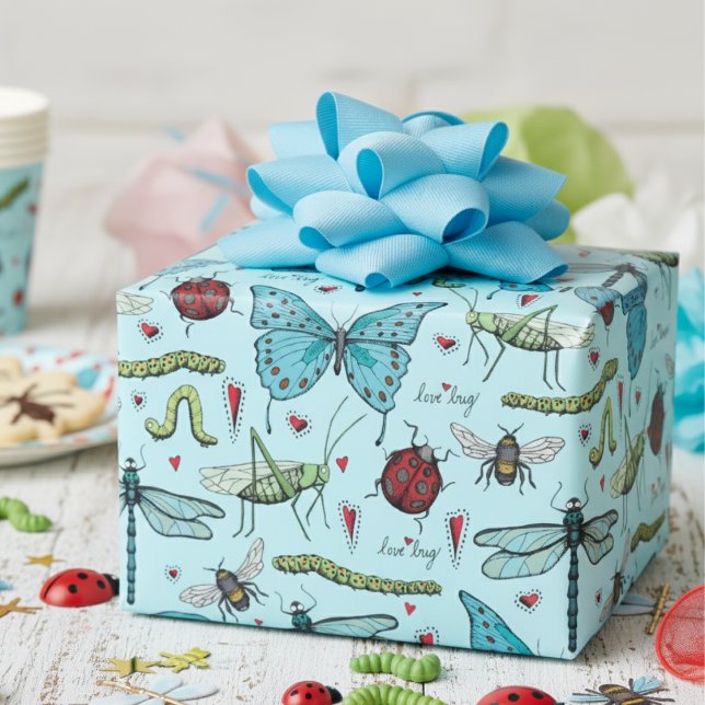 Cute Colourful Vintage Love Bug Insects Wrapping Paper (Cute Blue Love Bug Girly Insect Wrapping Paper for Kids Birthday Party. Fun Bug Pattern for Children)