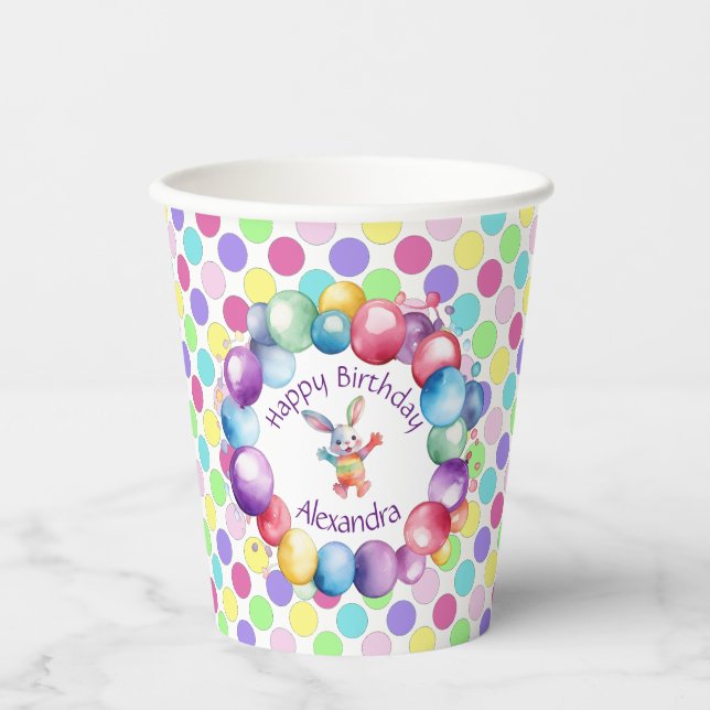 Cute Colourful Watercolor Bunny and Polka Dots Paper Cups (Front)