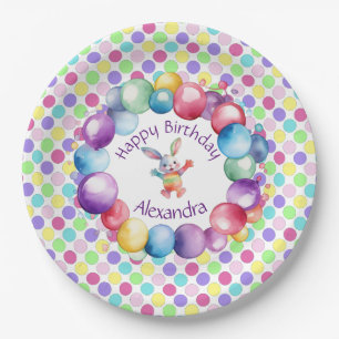 Cute Colourful Watercolor Bunny and Polka Dots Paper Plate