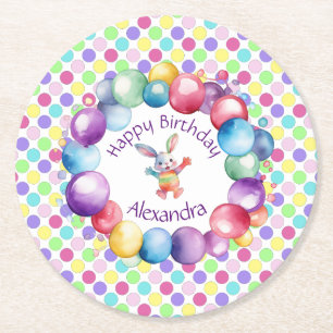 Cute Colourful Watercolor Bunny and Polka Dots Round Paper Coaster