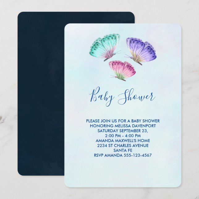 Cute Colourful Watercolor Butterflies Baby Shower Invitation (Front/Back)