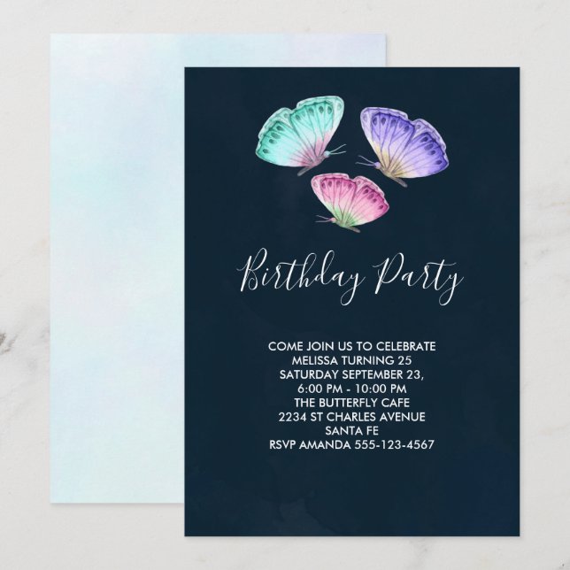 Cute Colourful Watercolor Butterflies Birthday Invitation (Front/Back)