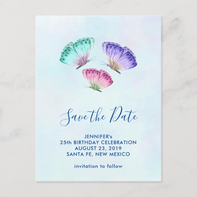 Cute Colourful Watercolor Butterflies Save the Dat Postcard (Front)