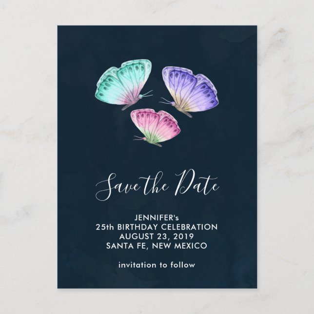 Cute Colourful Watercolor Butterflies Save the Dat Postcard (Front)