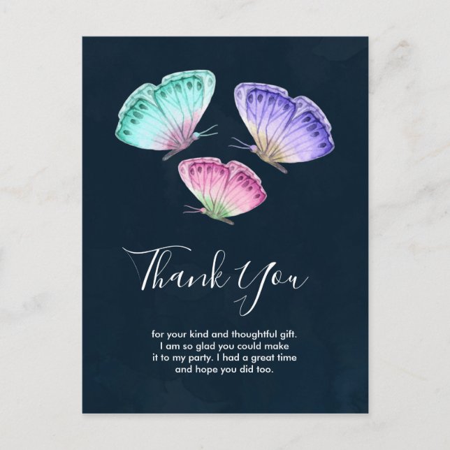 Cute Colourful Watercolor Butterflies Thank You Postcard (Front)