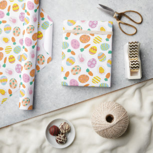 Cute Colourful Watercolor Easter Eggs & Carrots Wrapping Paper