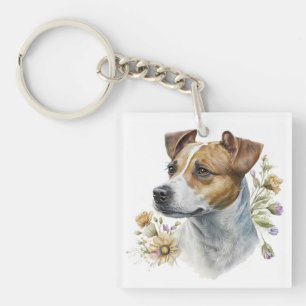 Cute Colourful Watercolor Floral Jack Russell Dog Key Ring