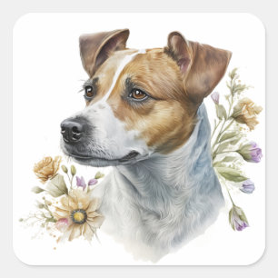 Cute Colourful Watercolor Floral Jack Russell Dog Square Sticker