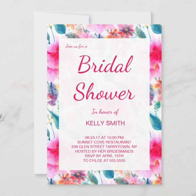 Cute colourful watercolor flowers bridal shower invitation (Front)