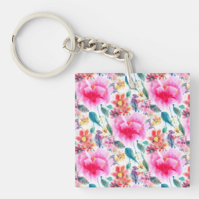 Cute colourful watercolor flowers license plate fr key ring (Front)