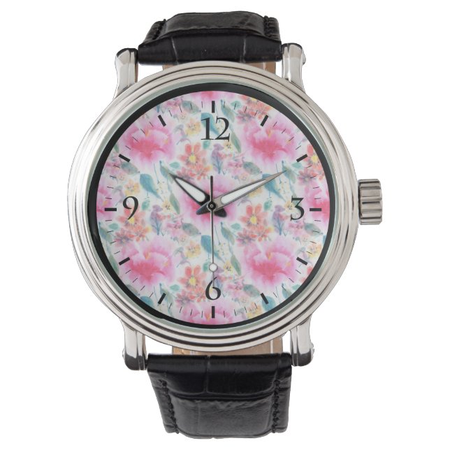 Cute colourful watercolor flowers license plate fr watch (Front)