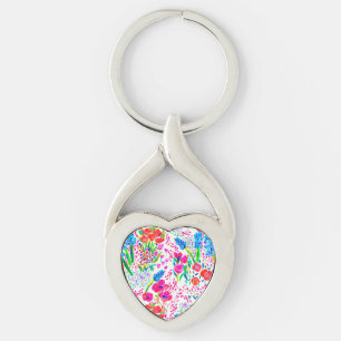Cute colourful watercolor flowers pattern key ring