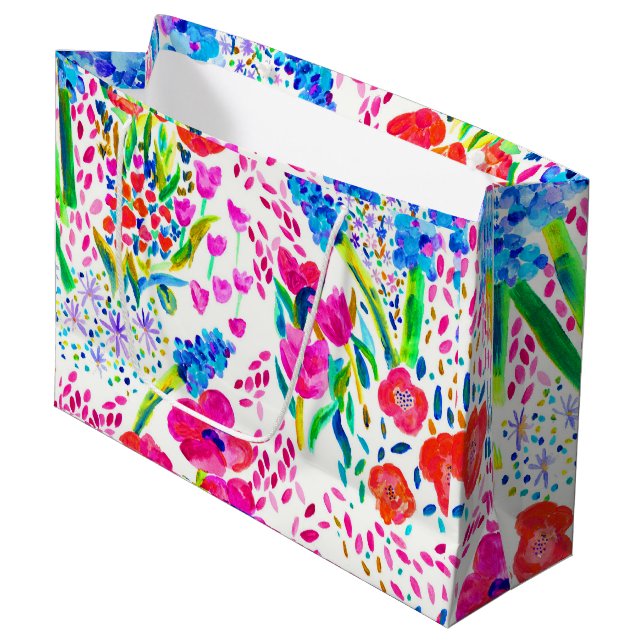 Cute colourful watercolor flowers pattern large gift bag (Front Angled)