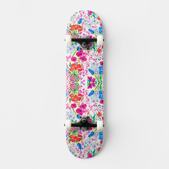 Cute colourful watercolor flowers pattern skateboard (Front)