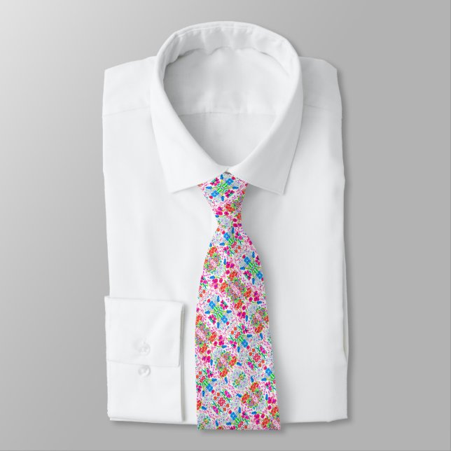 Cute colourful watercolor flowers pattern tie (Tied)