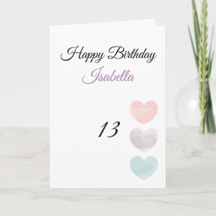 Cute Colourful Watercolor Hearts 13 Birthday Card