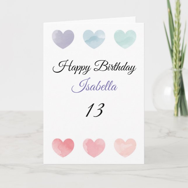 Cute Colourful Watercolor Hearts Set 13th Birthday Card (Front)