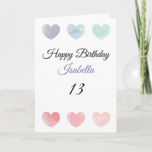Cute Colourful Watercolor Hearts Set 13th Birthday Card