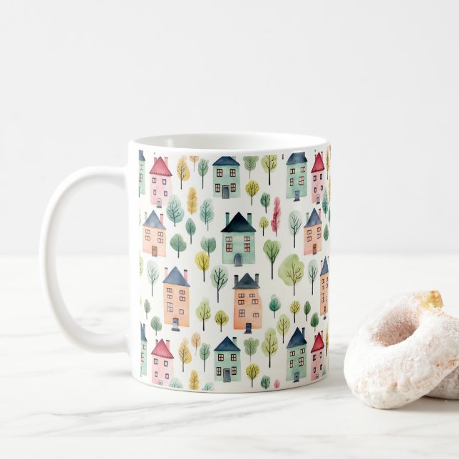 Cute Colourful Watercolor Houses Realty Coffee Mug (With Donut)