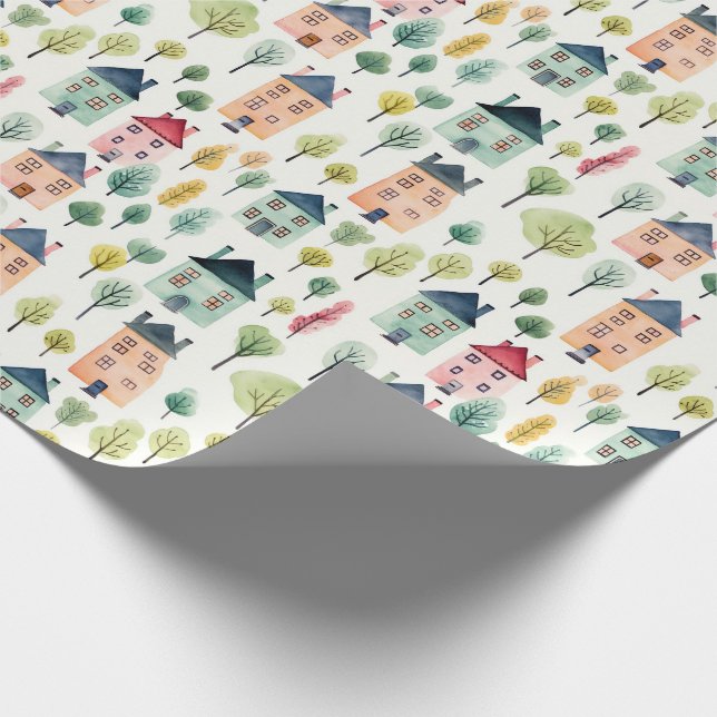 Cute Colourful Watercolor Houses Realty Wrapping Paper (Corner)