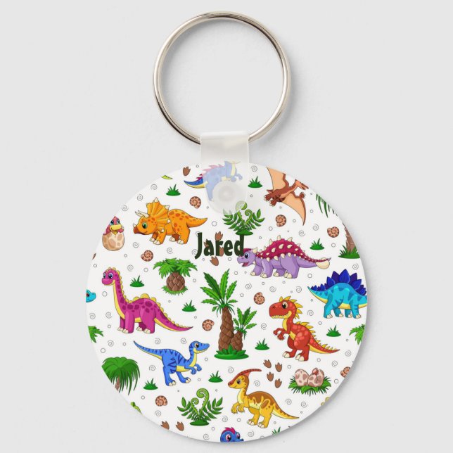 Cute Colourful Watercolor Kids' Birthday Dinosaur Key Ring (Front)