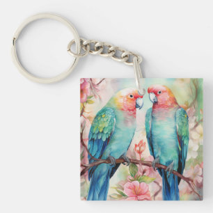 Cute Colourful Watercolor Parrots Key Ring