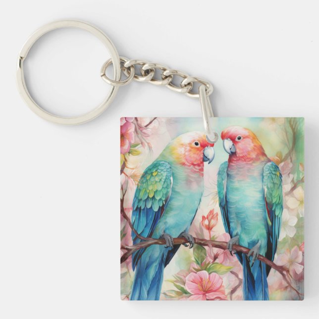 Cute Colourful Watercolor Parrots Key Ring (Front)