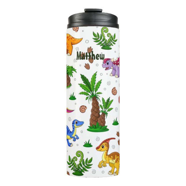 Cute Colourful Watercolor Pattern Greenery Dinosau Thermal Tumbler (Front)