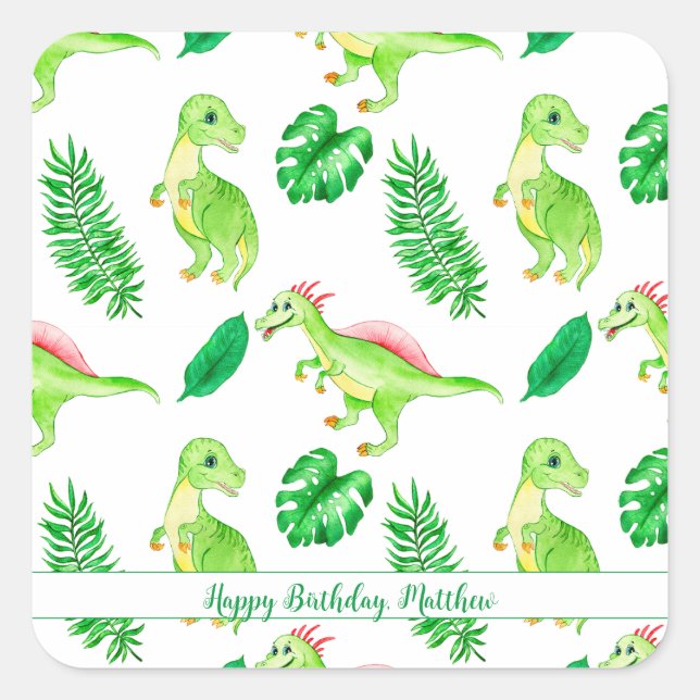 Cute Colourful Watercolor Pattern Jungle Dinosaur Square Sticker (Front)