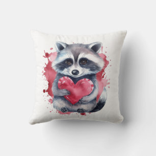 cute colourful watercolor racoon with heart  cushion