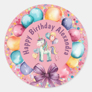 Cute Colourful Watercolor Unicorn Birthday Classic Round Sticker