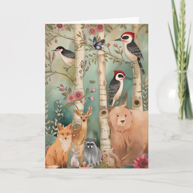 Cute Colourful Watercolor Woodland Animals Blank  Card (Front)