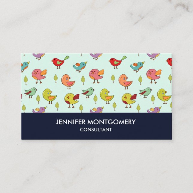 Cute Colourful Whimsical Birds Pattern Business Card (Front)