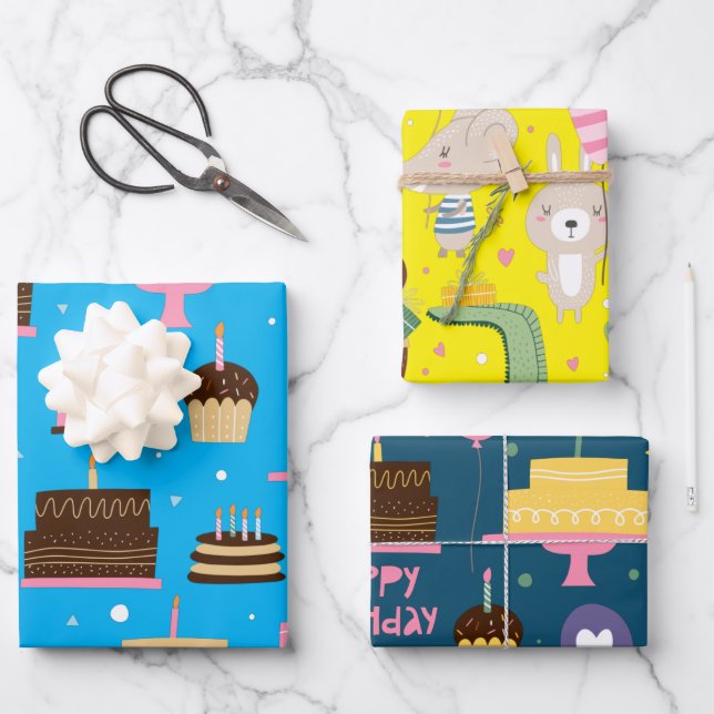 Cute Colourful Whimsical Birthday Animals Pattern Wrapping Paper Sheet (Front)