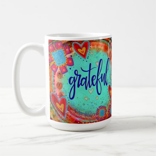 Cute Colourful Whimsical Grateful Inspirational Coffee Mug (Left)