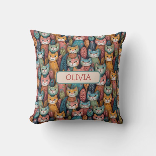 Cute Colourful Whimsical Kittens Pattern Cushion (Front)