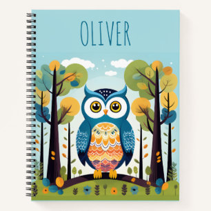 Cute Colourful Whimsical Owl at Woodland Notebook