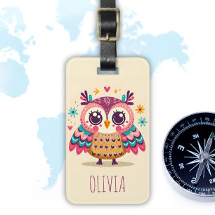 Cute Colourful Whimsical Owl Luggage Tag