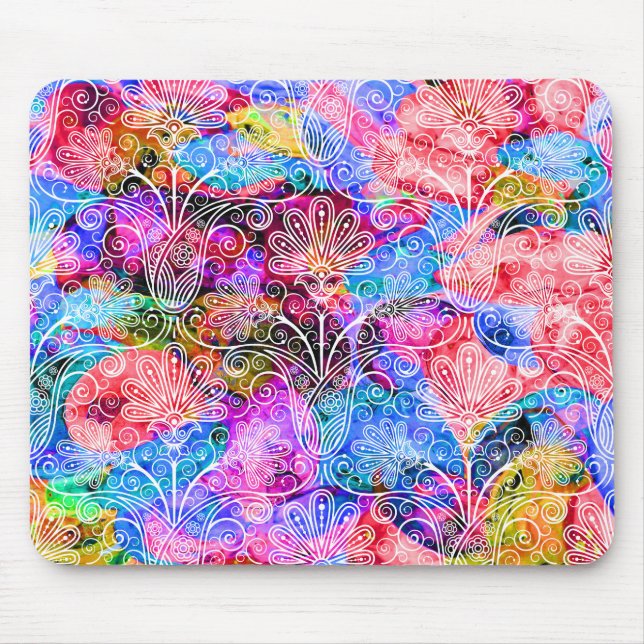Cute colourful white flowers patterns mouse mat (Front)