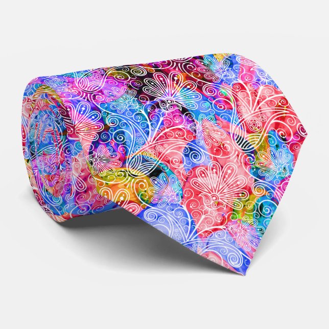 Cute colourful white flowers patterns tie (Rolled)