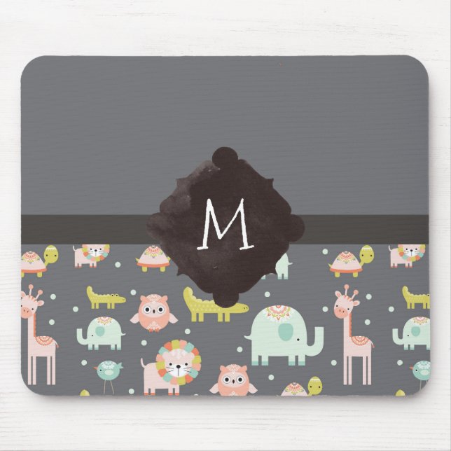 Cute Colourful Wild Animals Nursery Art Monogram Mouse Mat (Front)