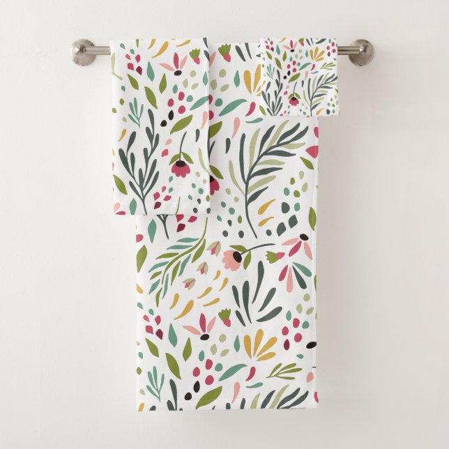 Cute Colourful Wild F lowers & Leafs Pattern Bath Towel Set (Insitu)