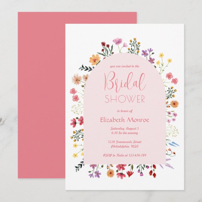 Cute Colourful Wildflower Pink Arch Bridal Shower Invitation (Front/Back)