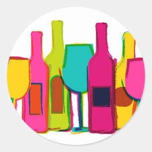 Cute colourful wine bottles pattern classic round sticker